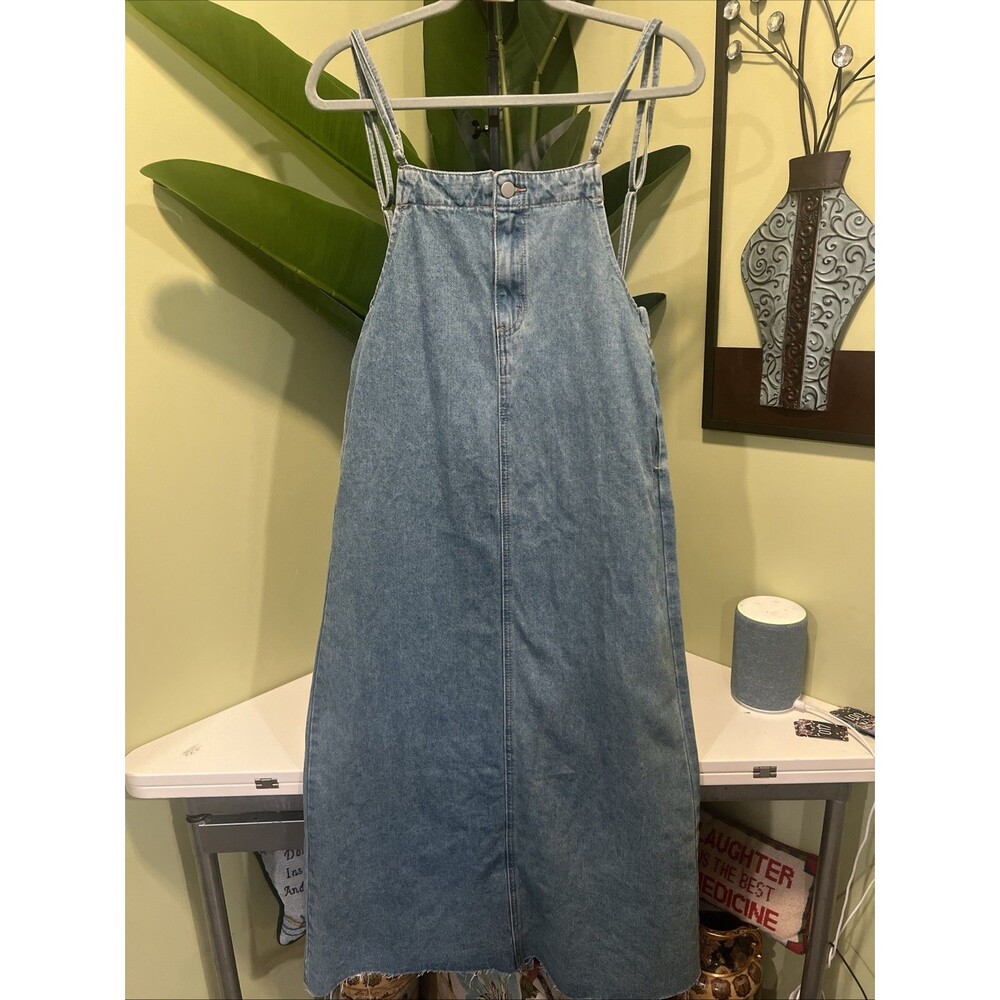 Dazy Mori Kei Fringe Hem Back To School Denim Suspenders Midi Dress Women’s M